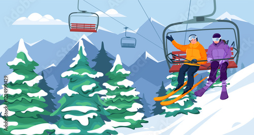 Skiers riding a chairlift over snow-covered trees in a mountain range. Bright winter day, nature, and skiing concept. Vector illustration