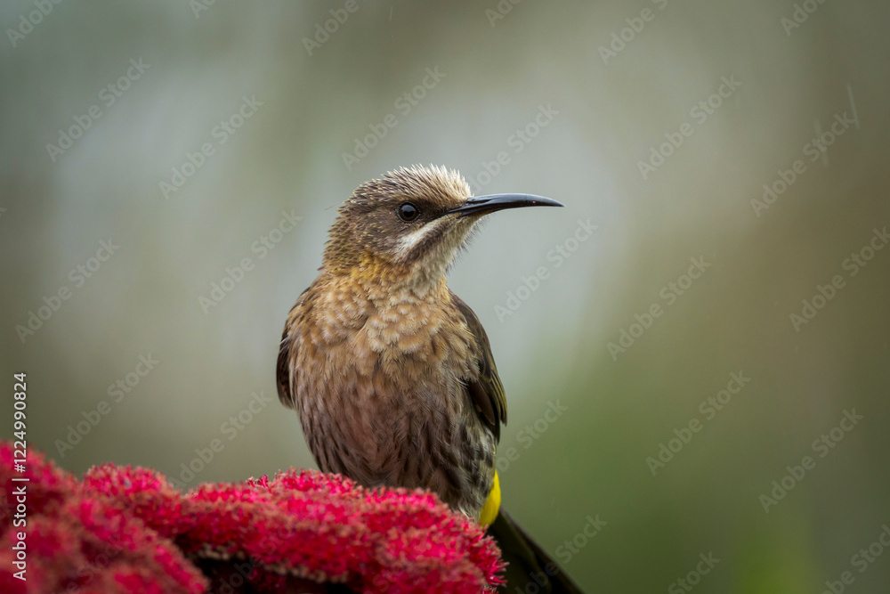 Fototapeta premium Cape sugarbird (Promerops cafer) feeding on nectar on a Red kolkol or rooistompie (Berzelia stokoei or Brunia stokoei) Betty's (Bettys) Bay. Whale Coast. Overberg. Western Cape. South Africa.