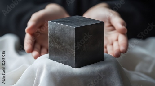 A black hematite cube on silk. photo