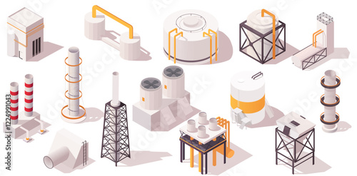 Collection of industrial structures including tanks, chimneys, and towers in isometric style on white background. Concept of industry. Vector illustration