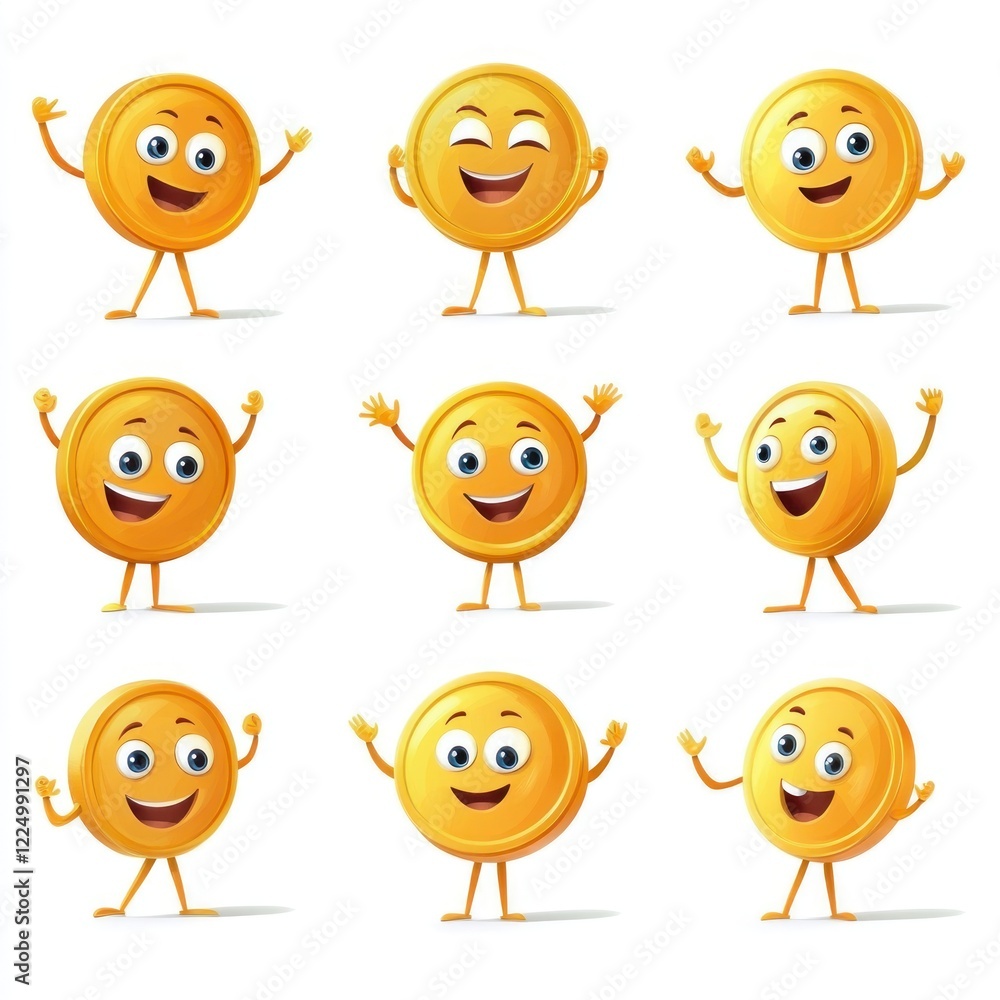 Happy gold coin characters on white background Happy gold coin characters on white background
