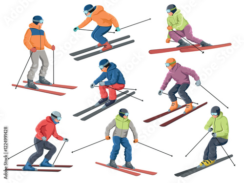 Group of skiers in colorful winter outfits performing skiing stances on white background. Concept of skiing, winter sports. Vector illustration