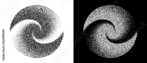 Abstract art background with dotted spiral. Stipple effect with chaotic noise. Black shape on a white background and the same white shape on the black side.