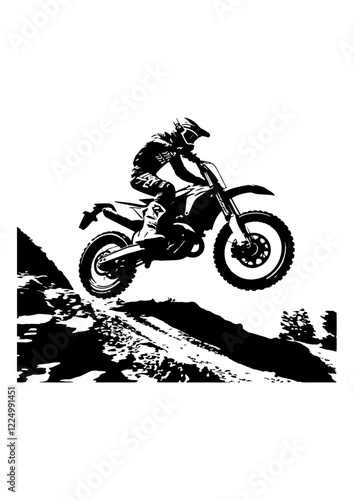 Flat Black Silhouette of Motocross Stunt Rider .

