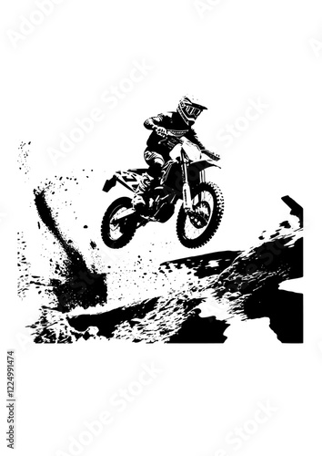 Flat Black Silhouette of Motocross Stunt Rider .

