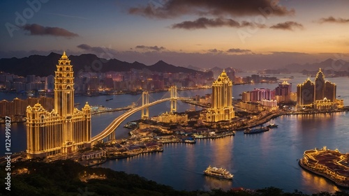Glamorous skyline view of Macau, China showcasing illuminated buildings and bridges during twilight hour over the harbor