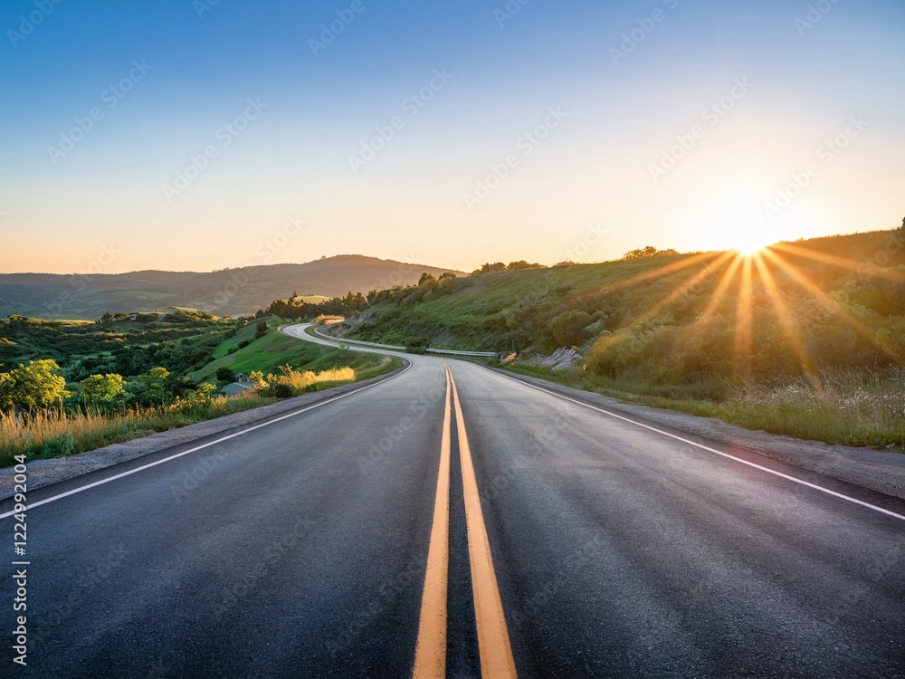 Fototapeta premium Scenic Country Road at Sunrise Through Countryside Landscape