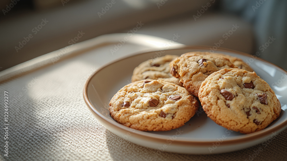 Chocolate chip cookies on a plate in warm sunlight.