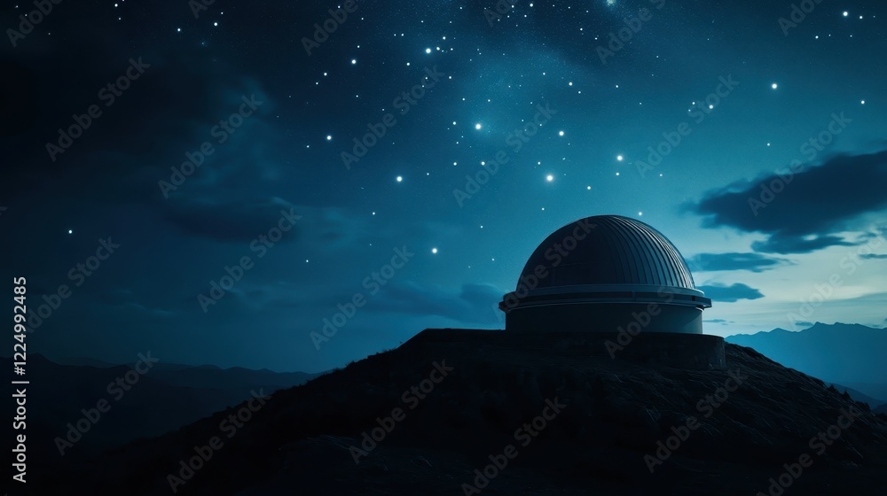 Night Sky Over Observatory with Stars and Mountains in Background Night Sky Over Observatory with Stars and Mountains in Background
