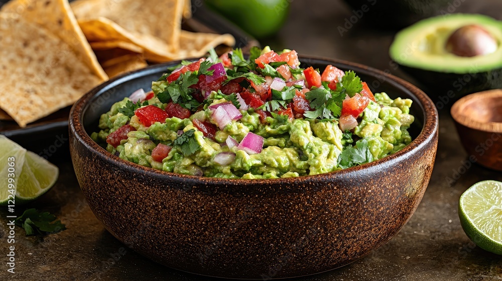 Creamy guacamole in bowl with tortilla chips Creamy guacamole in bowl with tortilla chips