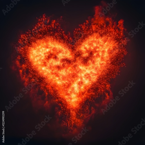 Fiery heart shape formed by burning embers and smoke. photo