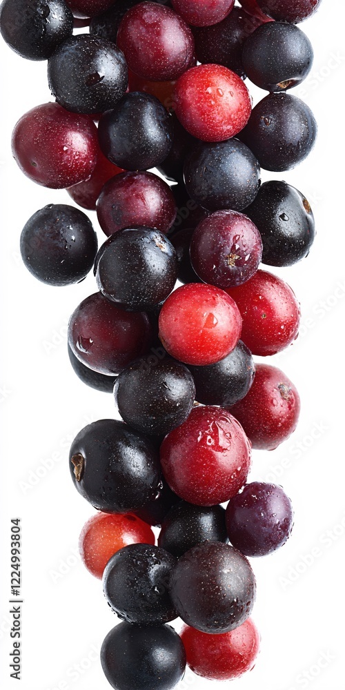 Fresh plums of red and dark purple color in a vertical arrangement against white background Fresh plums of red and dark purple color in a vertical arrangement against white background