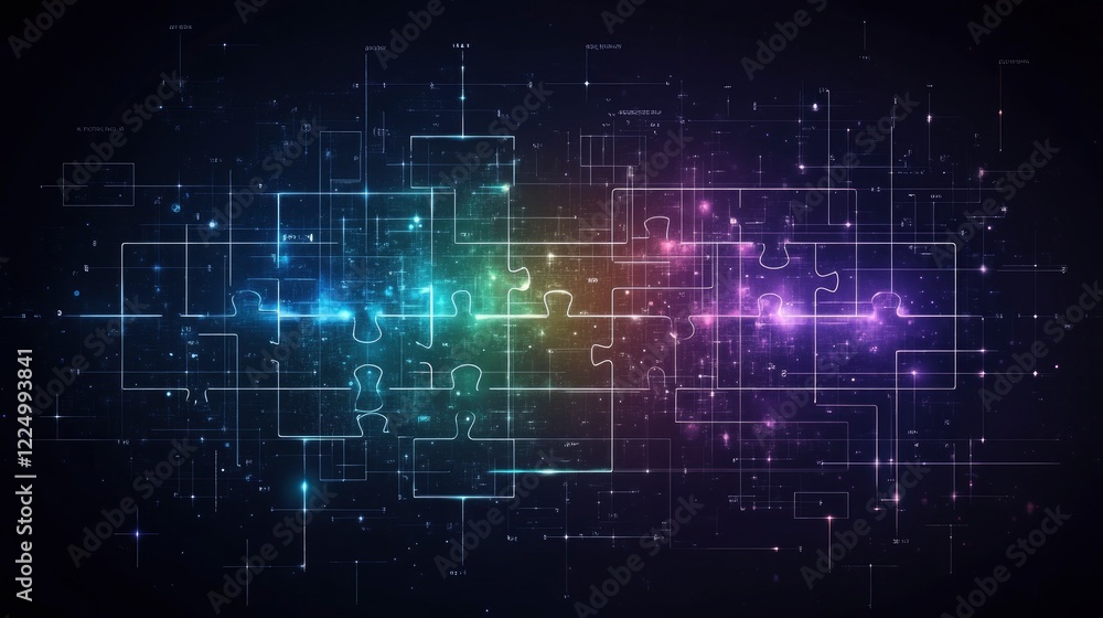 Abstract digital puzzle pieces illustrating the concept of connectivity and integration in a vibrant galaxy of colors Abstract digital puzzle pieces illustrating the concept of connectivity and integration in a vibrant galaxy of colors