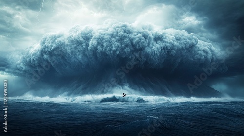 Mysterious storm clouds engulfing the horizon with massive ocean waves crashing dramatically below, creating a sense of awe and trepidation