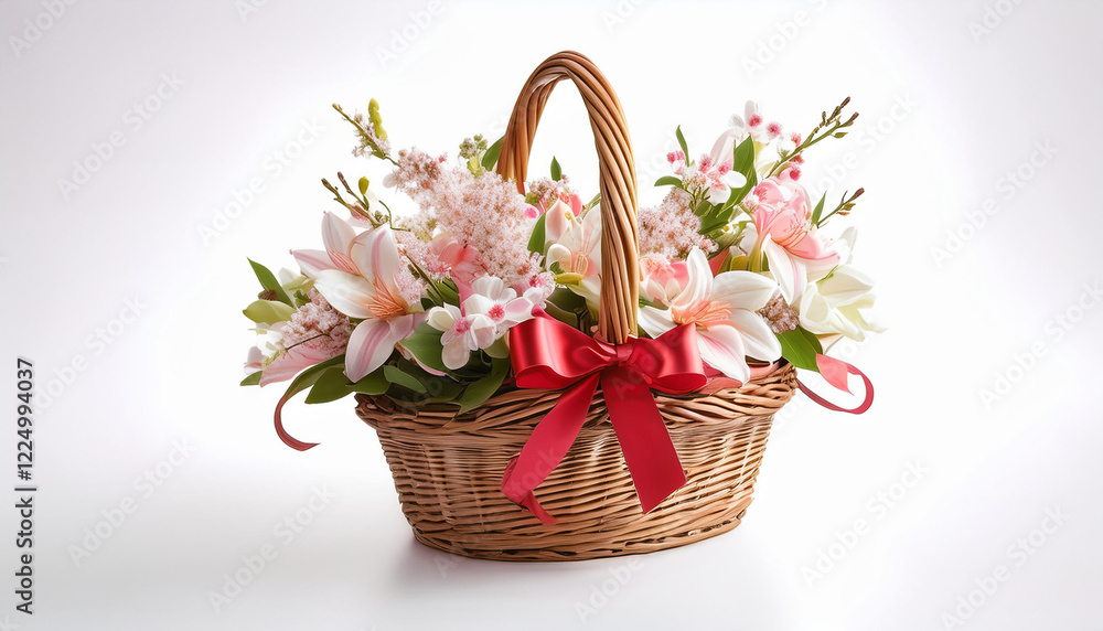 Beautiful floral arrangement in a wicker basket. Concept of gift, celebration, and spring. Beautiful floral arrangement in a wicker basket. Concept of gift, celebration, and spring.