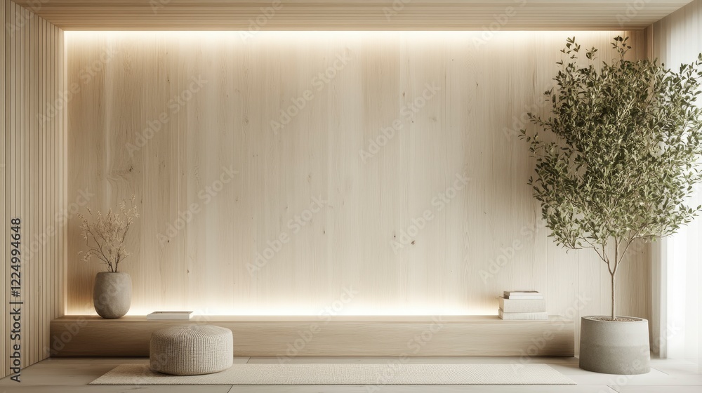 A serene minimalist interior showcasing natural wood accents, soft lighting, and decorative elements for a calming atmosphere A serene minimalist interior showcasing natural wood accents, soft lighting, and decorative elements for a calming atmosphere