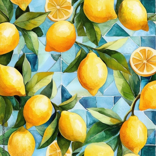 Lemons, leaves, blue tile background; kitchen decor
