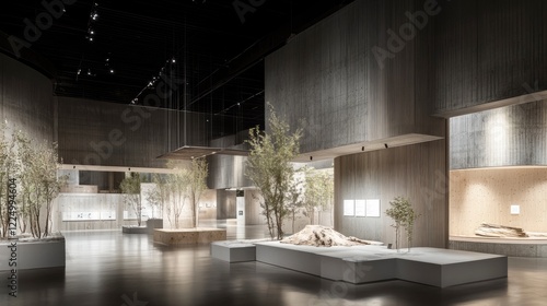 Modern art gallery interior featuring minimalist design, natural elements, and ambient lighting showcasing contemporary exhibits