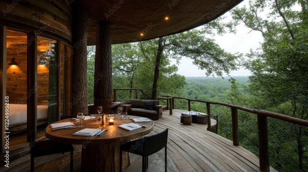 Fototapeta premium Serene dining experience amidst lush greenery in a luxurious treehouse retreat overlooking expansive forest views