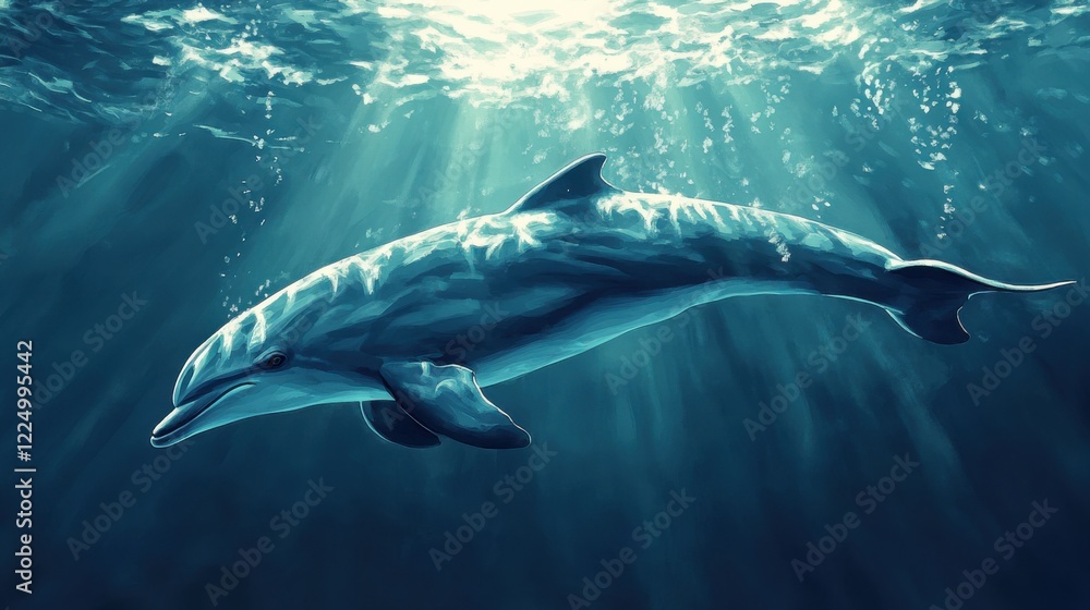 Fototapeta premium Majestic Dolphin Swimming Gracefully Through Sunlit Water in an Underwater Scene