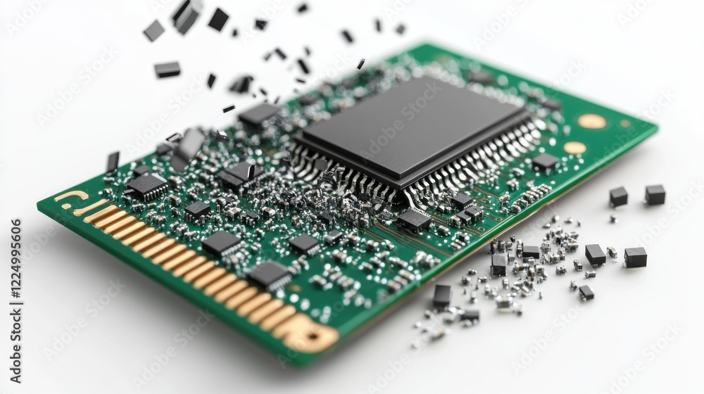 High-Detail Circuit Board with Microchip and Electronic Components in Motion on White Background High-Detail Circuit Board with Microchip and Electronic Components in Motion on White Background