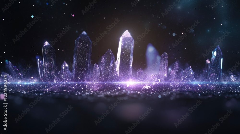 Obraz premium A serene collection of crystal formations glistening under a starry sky, capturing the essence of tranquility and wonder