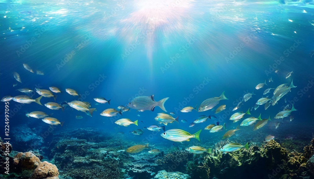 Obraz premium background with schools of fishblue, tropical, fish, aquatic, marin, ocean, background, fisherman, fishing, sea, water, aquarium, animal, food, nature, seafood, river, wildlife, underwater, hobby, fre