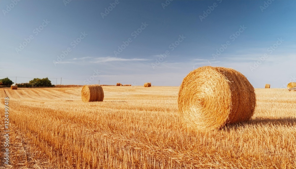 Golden round hay bales drying in the summer sun on a farm field, representing agriculture and farming practices Golden round hay bales drying in the summer sun on a farm field, representing agriculture and farming practices