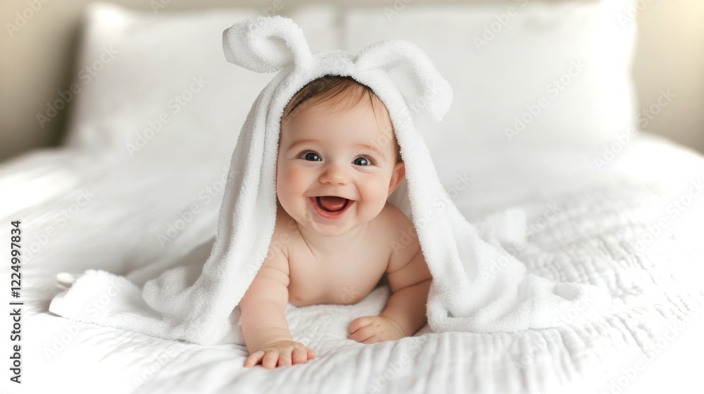 Happy baby playing on a bed with soft white blanket during bright morning light Happy baby playing on a bed with soft white blanket during bright morning light
