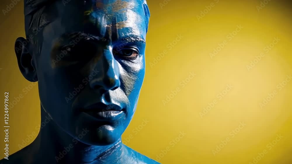 Artistic expression: man’s blue and gold body paint transformation against yellow backdrop Artistic expression: man’s blue and gold body paint transformation against yellow backdrop