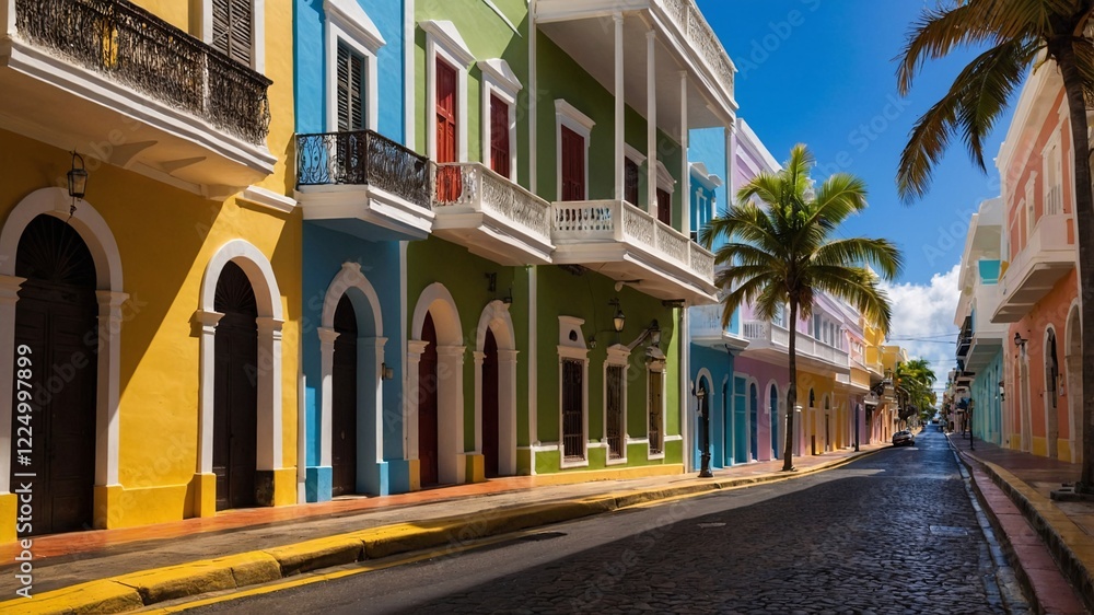 Fototapeta premium Vibrant streets of Puerto showcasing colorful colonial architecture and palm trees under a bright blue sky