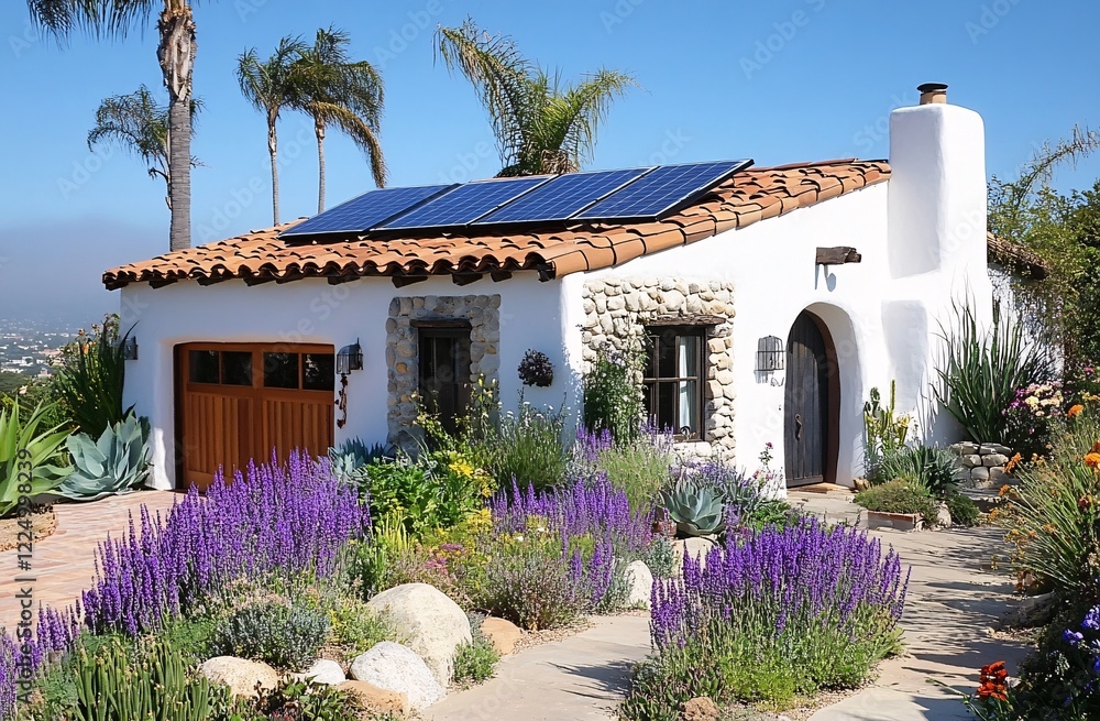 Fototapeta premium Modern energy-efficient home with solar panels, sustainable landscaping, and desert-adapted garden design