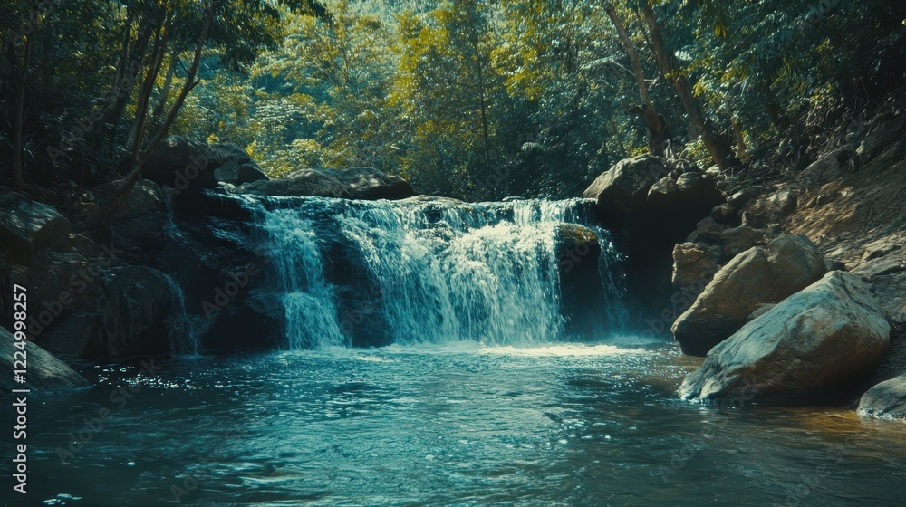 Serene waterfall cascading over rocks in lush green forest. Perfect for nature documentaries, travel blogs, or calming video backgrounds. Serene waterfall cascading over rocks in lush green forest. Perfect for nature documentaries, travel blogs, or calming video backgrounds.