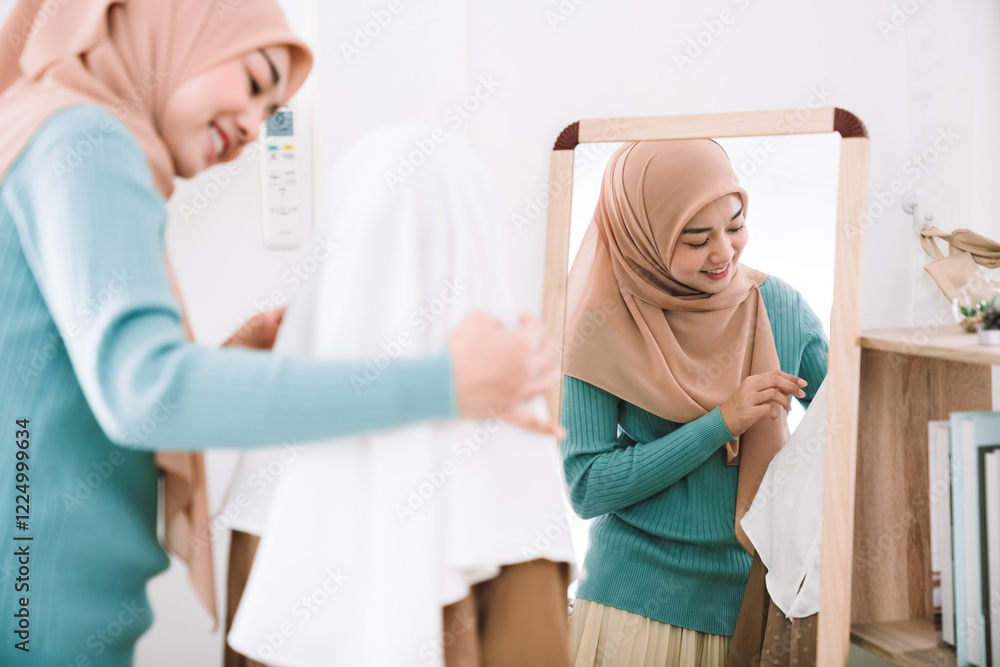 Obraz premium Beautiful Muslim mother and daughter enjoying a warm moment in their cozy home, embracing family bonds, religious values, and cultural traditions in a peaceful setting