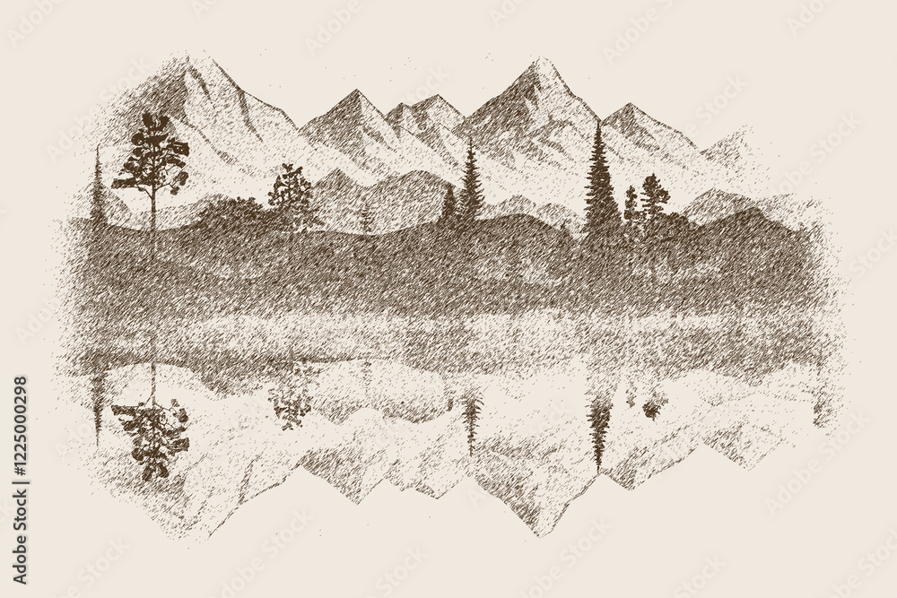 Obraz premium Forest and mountains are reflected in the lake, vignette, vector sketch, imitation of a pencil drawing
