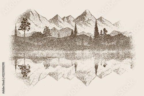 Forest and mountains are reflected in the lake, vignette, vector sketch, imitation of a pencil drawing