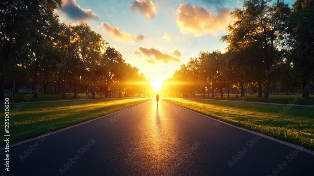 Fototapeta premium Sunset journey of a solitary figure on a serene pathway in a lush park setting capturing tranquility and reflection