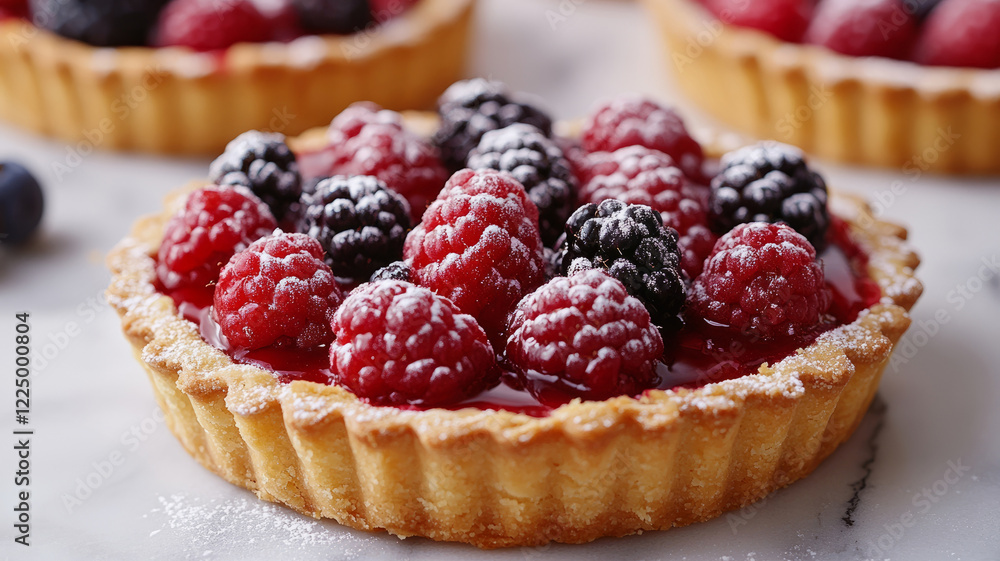 Berry tart on marble surface with raspberries and blackberries. Berry tart on marble surface with raspberries and blackberries.