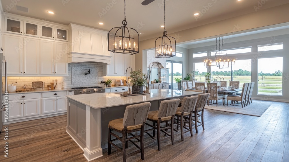 Fototapeta premium Luxurious modern kitchen and dining area with large windows offering outdoor view