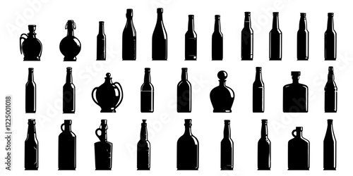 set of bottles vector, set of bottle ,black silhouettes, full black, no background, transparent background