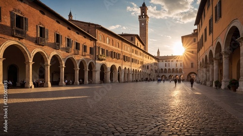 Charming view of Vigevano with sunset illuminating the historical architecture and bustling activity in the square