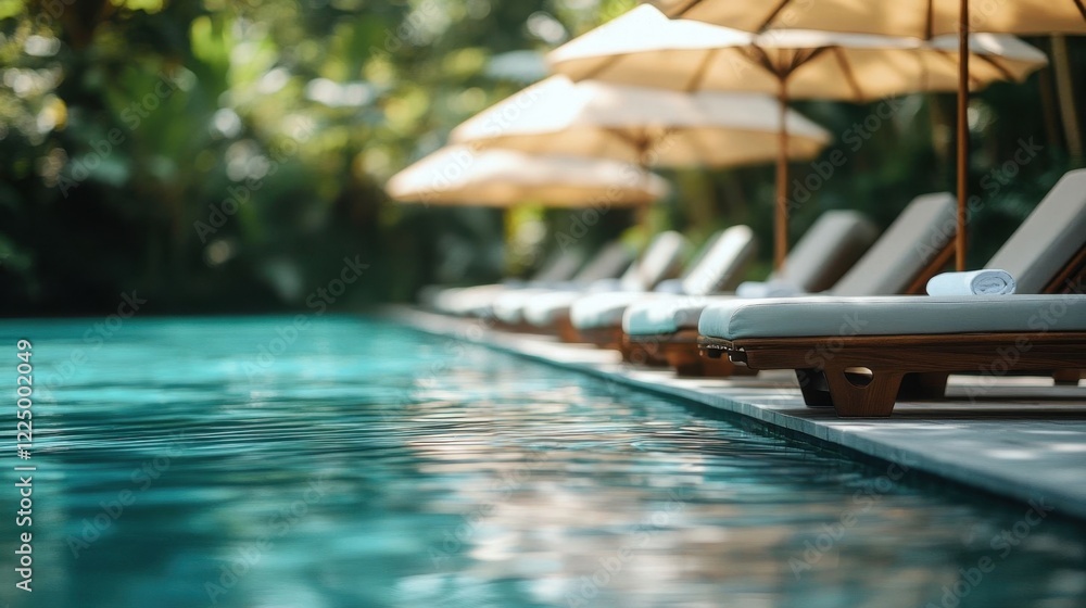 Fototapeta premium Stylish poolside umbrellas shade plush daybeds.