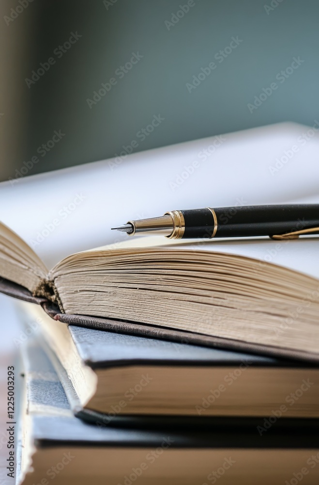 A stack of books with one open, featuring blank pages and an ink pen resting on top A stack of books with one open, featuring blank pages and an ink pen resting on top