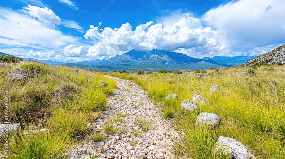 Fototapeta premium Mountain trail path, summer landscape, scenic view, travel destination