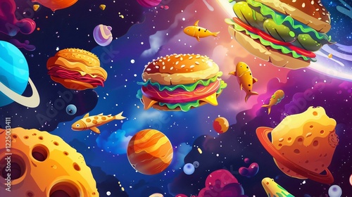 Whimsical Cartoon Food Planets: Exploring a World of Burgers and Sushi photo