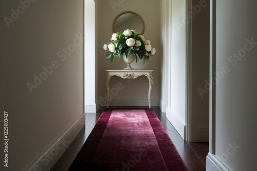 a narrow hallway with a small console table, a round mirror above, and a single vase with flowers for decor photo