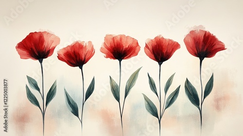Fototapeta Naklejka Na Ścianę i Meble -  Five red poppy flowers with green leaves on a light background in watercolor style art