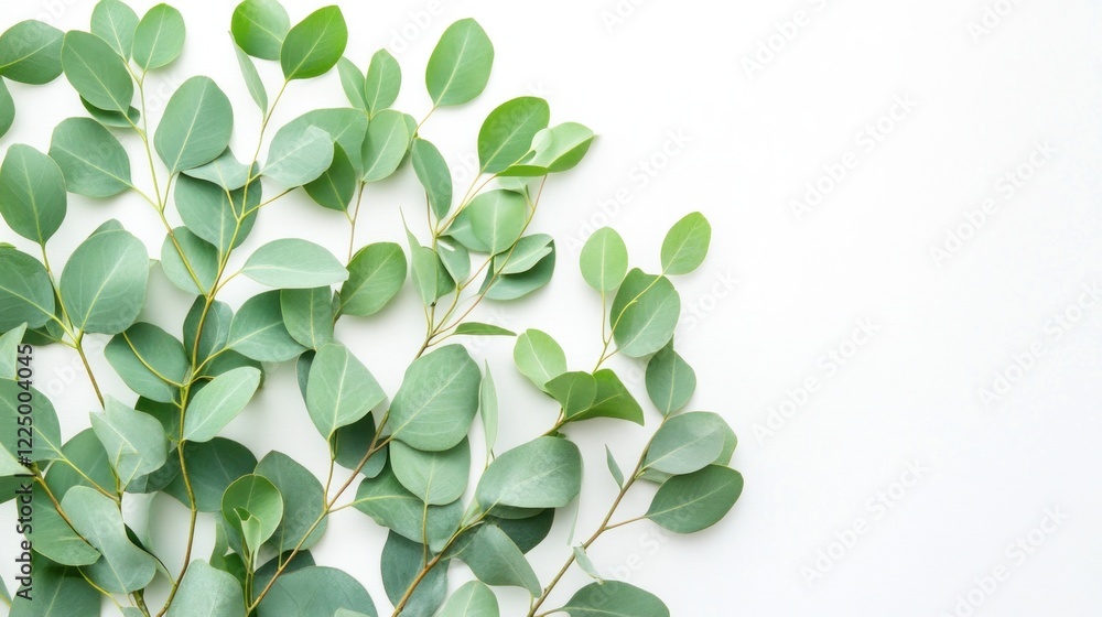 Fototapeta premium Eucalyptus Leaves on White Background: A Minimalist Botanical Photography