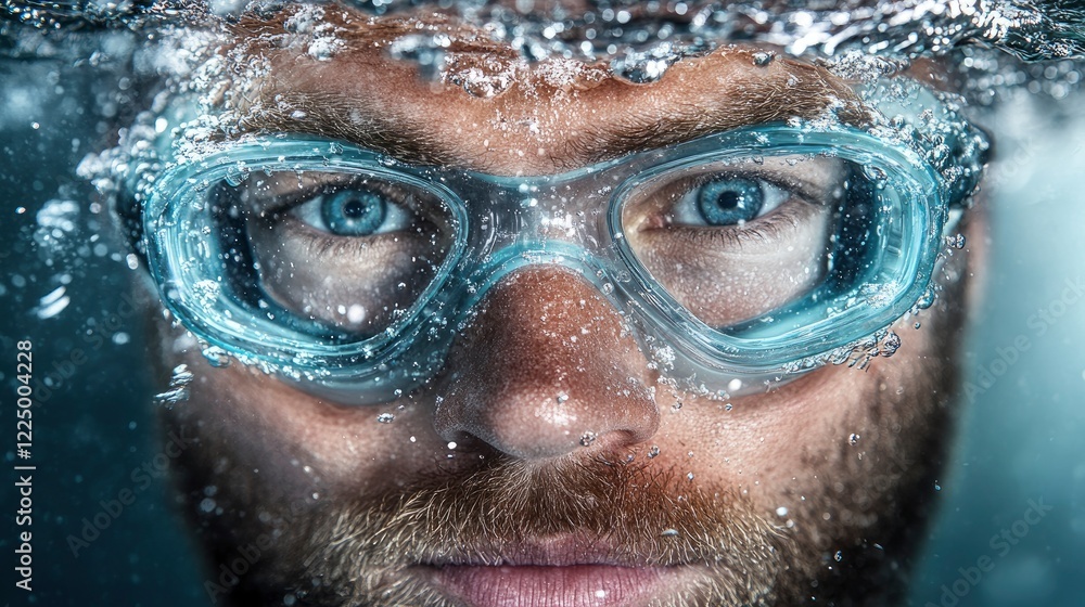 Close-up portrait of a man underwater with goggles, revealing intense eyes and bubbles creating a dynamic atmosphere Close-up portrait of a man underwater with goggles, revealing intense eyes and bubbles creating a dynamic atmosphere