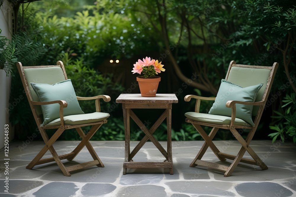 a small outdoor patio with two folding chairs and a small wooden table a small outdoor patio with two folding chairs and a small wooden table